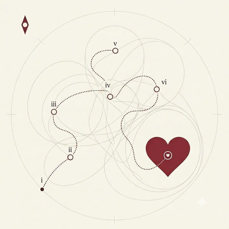 An abstract hand-drawn map: a dotted route through numbered fields, ending at a heart